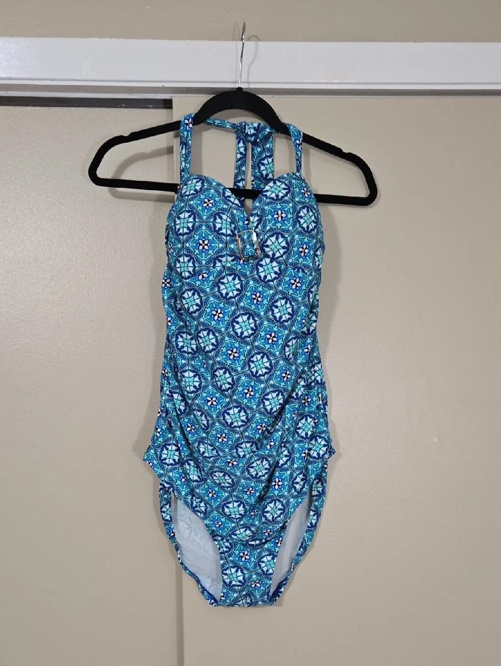Spanx Love Your Assets Halter Blue Patterned One-Piece Swimsuit Size XL